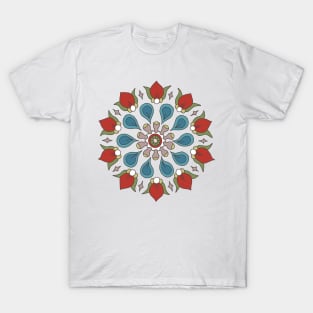 Geometric pattern of red blue rosette flowers on pink circles T-Shirt